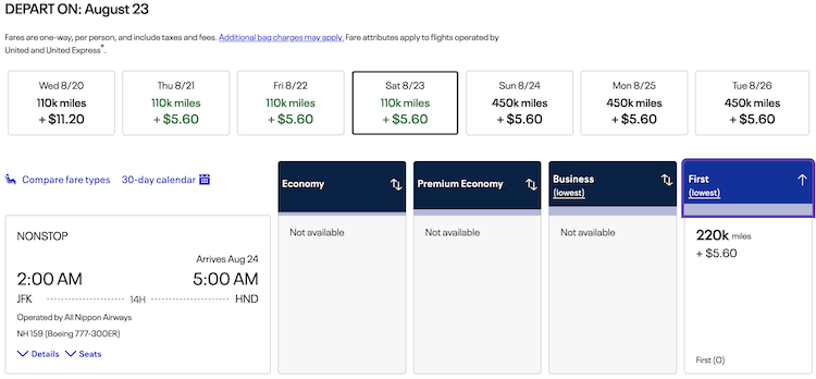 United award on ANA from JFK to HND.
